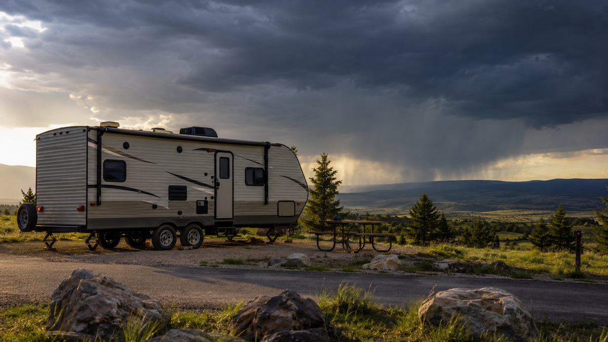 RV parked at a campground as severe weather approaches