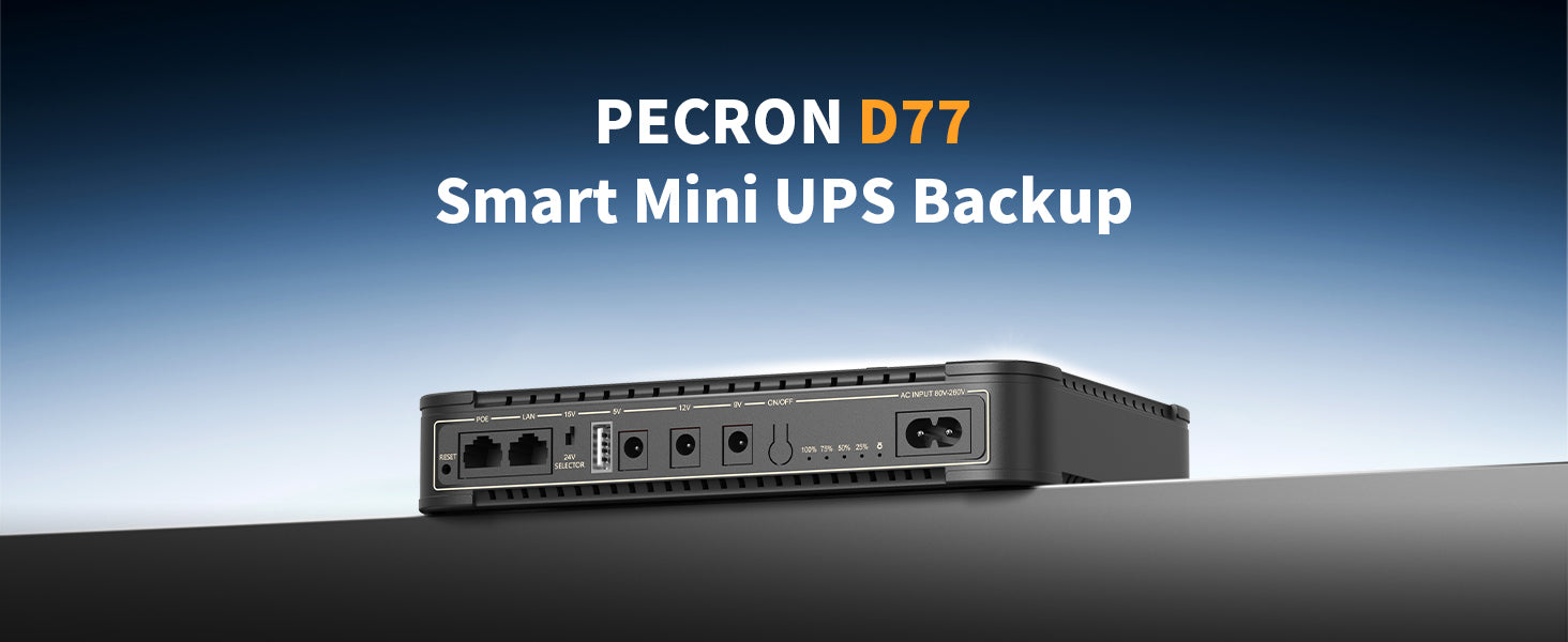 Pecron D77 DC UPS Battery Backup, 76.96Wh Small UPS for WiFi Router/Mo