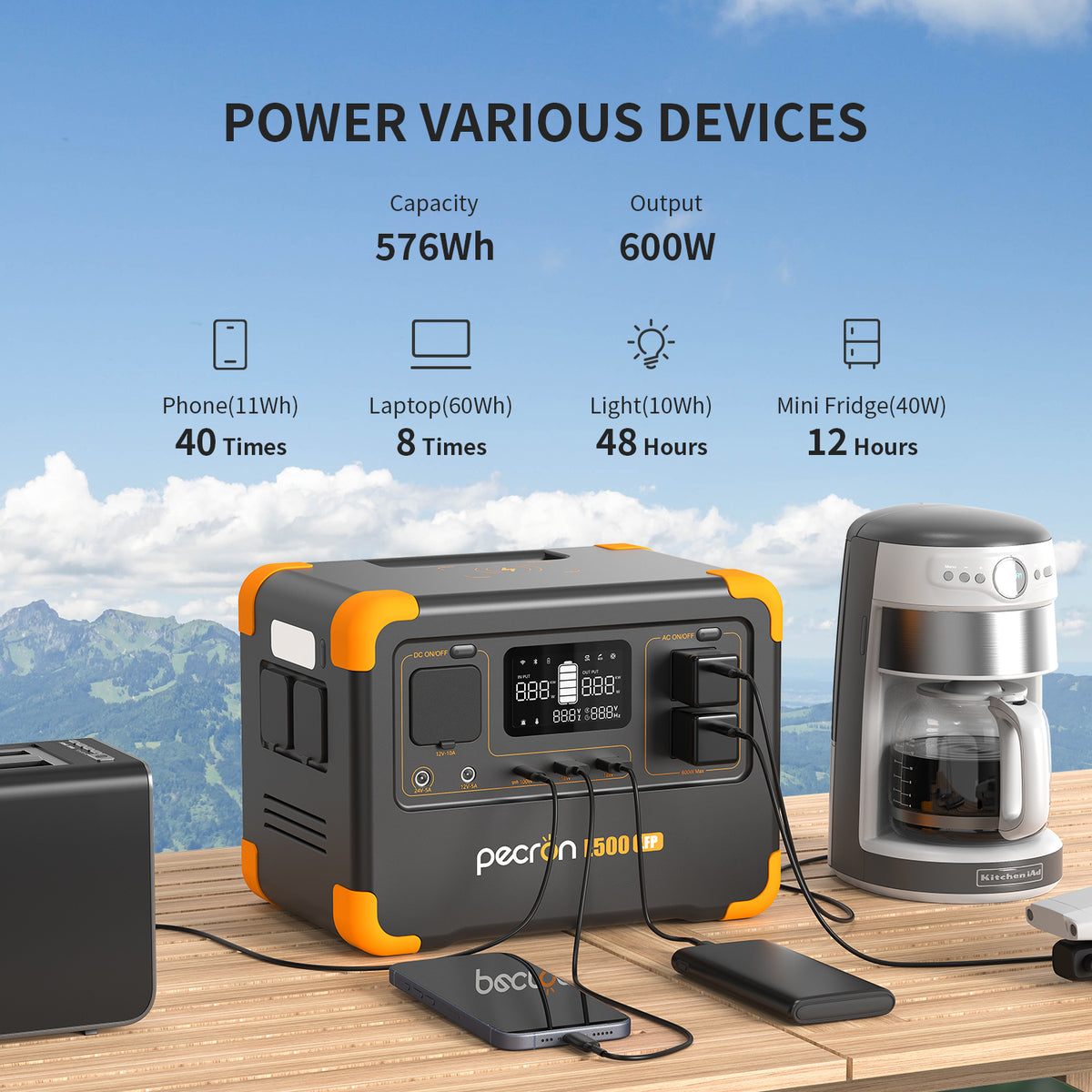 portable power station for laptop PECRON E500LFP Portable Power Station 600W 576Wh